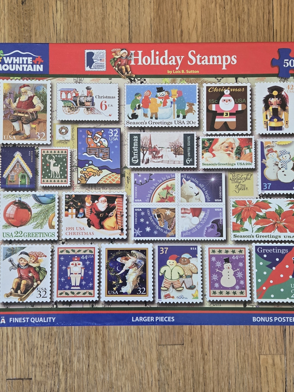 White Mountain Holiday Stamps Puzzle 500 pcs Christmas Stamp Collage New Sealed
